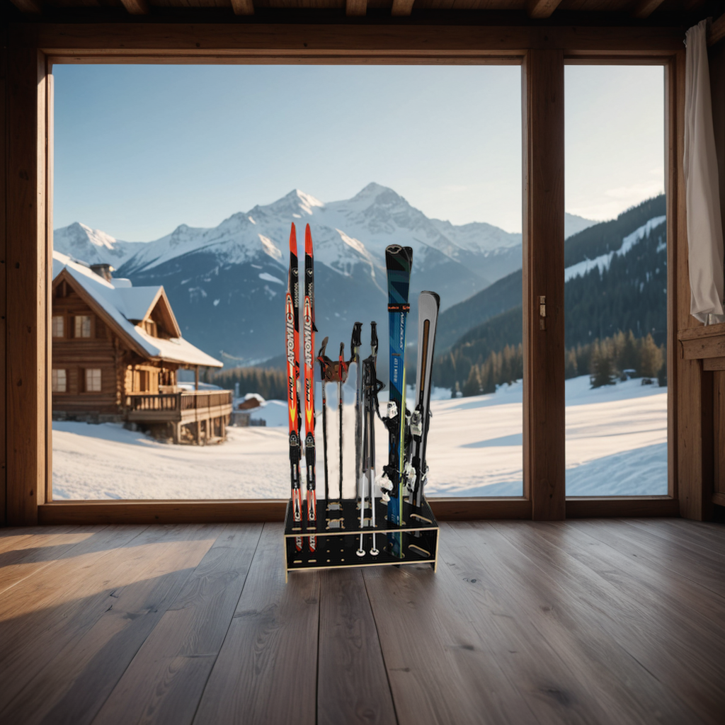 Porte-skis, ski de fond et bâton combiné en bois